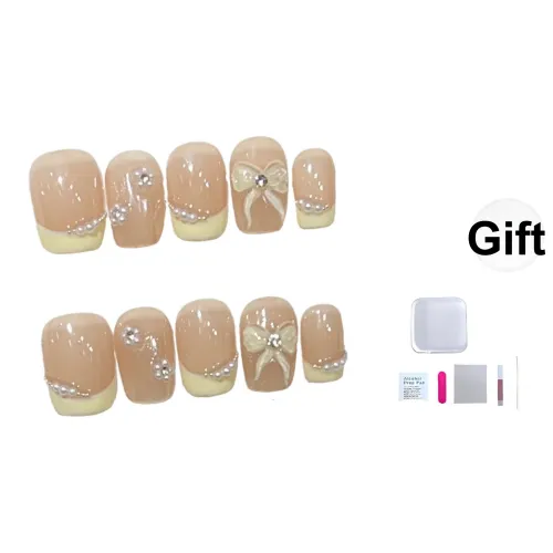 A Few More Cute Жемчужный бантик False Nail Короткий LADDER Прозрачный Телесный Французский