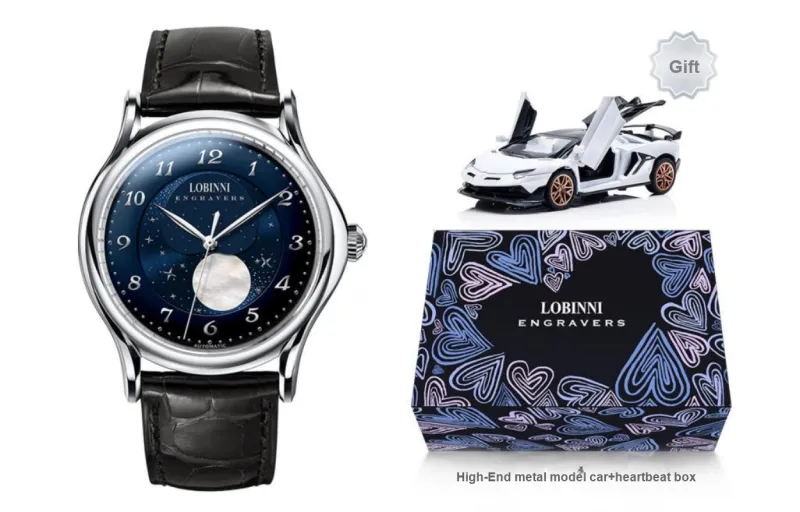 LOBINNI L Mechanical Movement Genuine Leather Strap Watch Men's Watches Black Dial-9