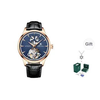 MESDUN Mechanical Movement Genuine Leather Strap Watch Men's Watches Silver Dial