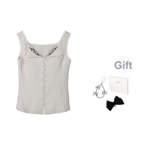 Fstudio Весенний Летний Корейский стиль Маленький Дизайн Отложной воротник Вышивка Без рукавов Майка Женская Абрикосовый