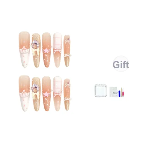 JINGCHANXUE Sweetheart Bowknot Bear с Rhinestone Handcrafted False Nail Oval Coquette Gradient Cat Eye 20mm