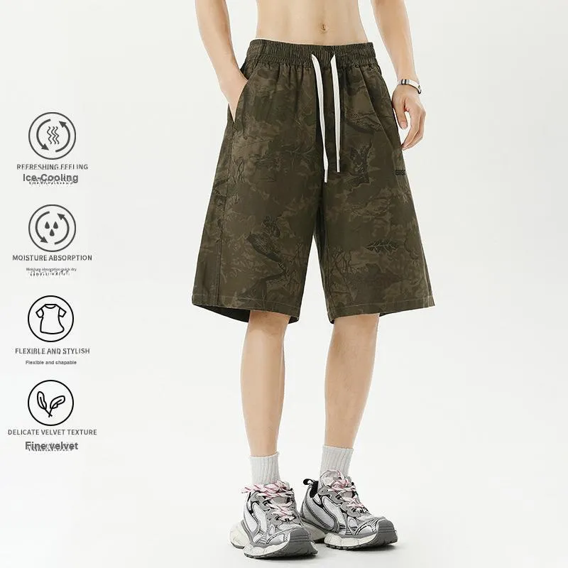 WOOD SOON Knee Length Pants Camouflage Loose Fit Men's Vintage Mid Pants Unisex-3