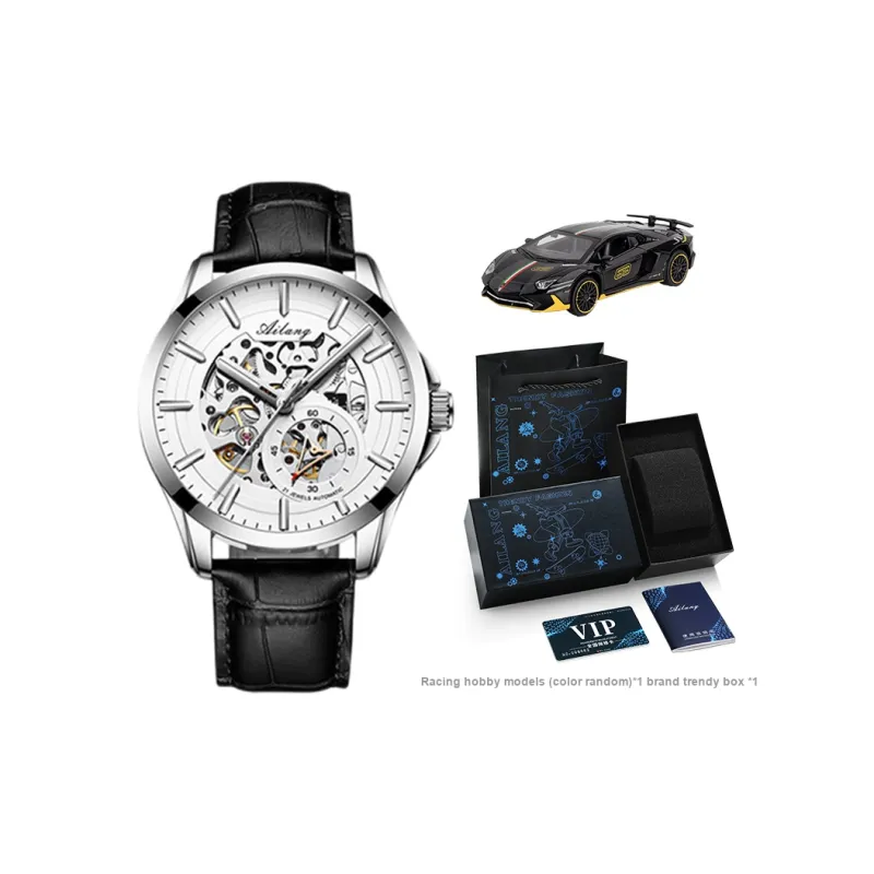 AILANG Automatic Mechanical Movement Genuine Leather Strap Watch Men's Watches White Dial-2