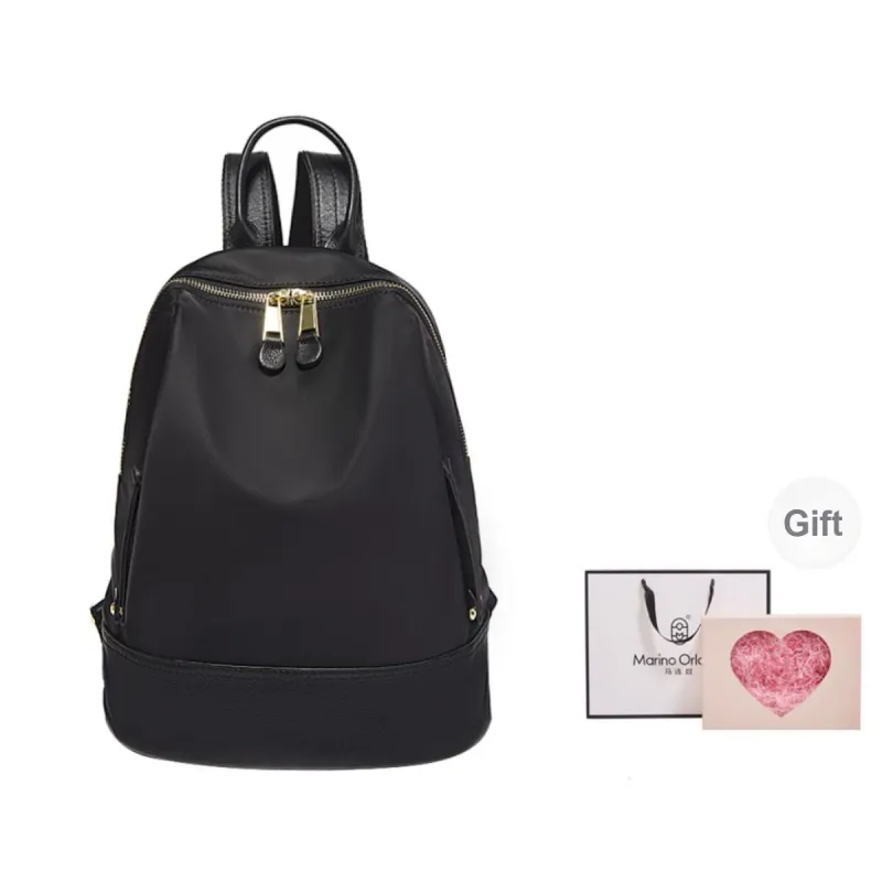 Marino Orlandi Fabric With Leather Patchwork Nylon Fabric Backpack Medium Size Women's Black/Khaki/Apricot-19