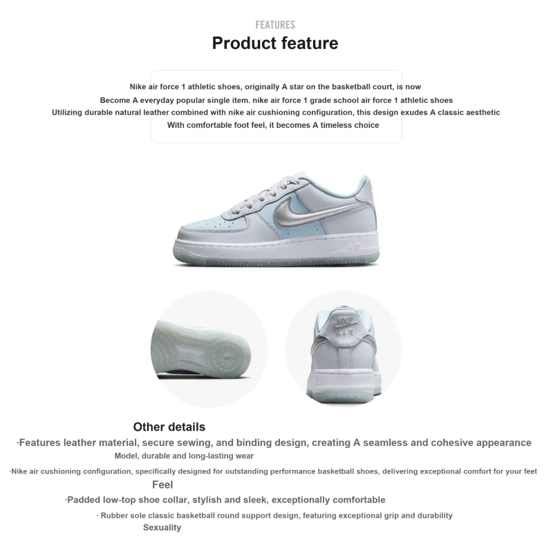 Nike Air Force 1 Slip Resistant Shock Absorbers Low Top Kids' Skateboarding Shoes Silver Blue Unisex-1