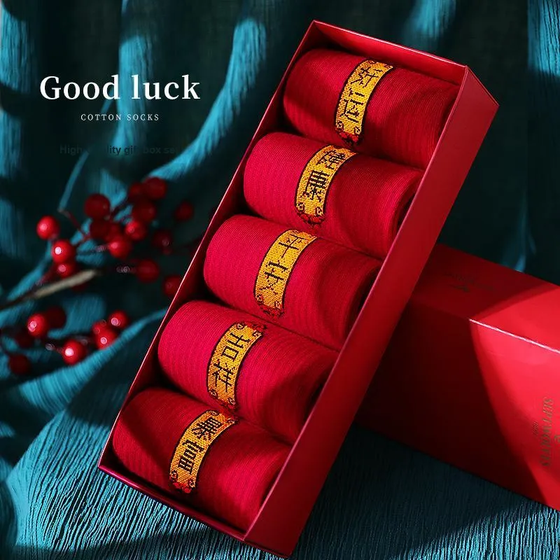 SEPTWOLVES Mid Calf Socks Men's 5 Pack Gift Box Set+Shopping Bag Red-4