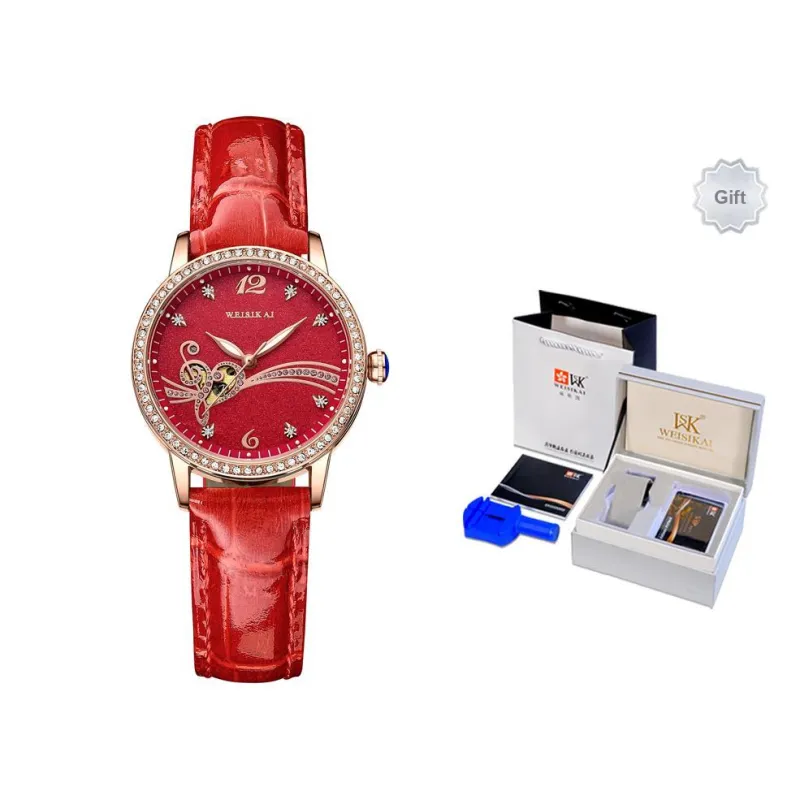 WSK Automatic Mechanical Movement Cowhide Strap Watch Women's Watch Green Dial-10