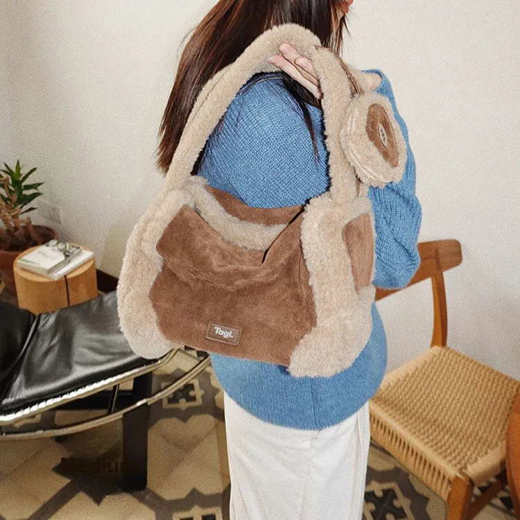 Tagi. Woolen One Shoulder Handbag Small Size Women's QuicheBlock Lamb Pine Wood-4