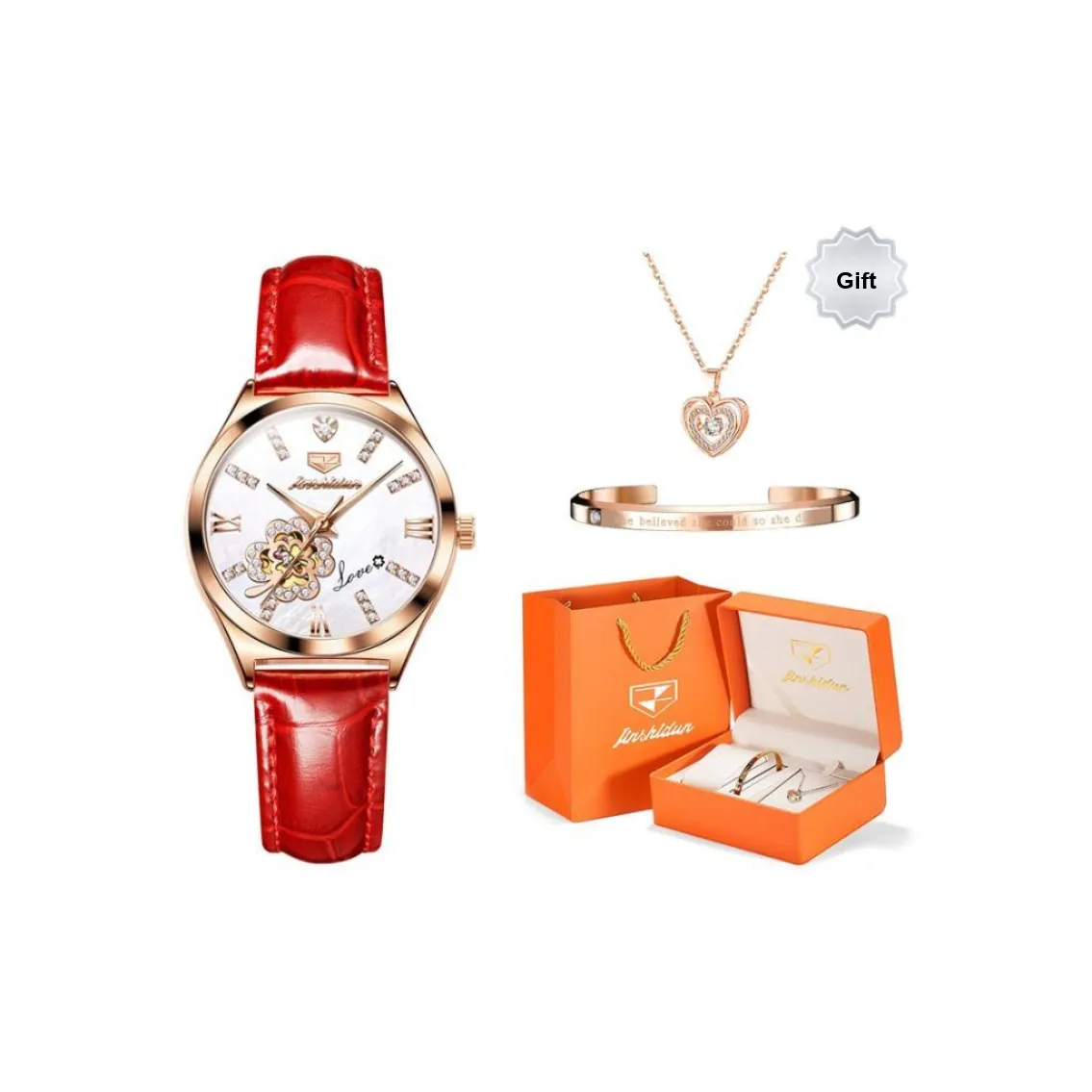 Jin Shi Dun Smart Series Mechanical Movement Leather Strap Watch Women's Watch White Dial