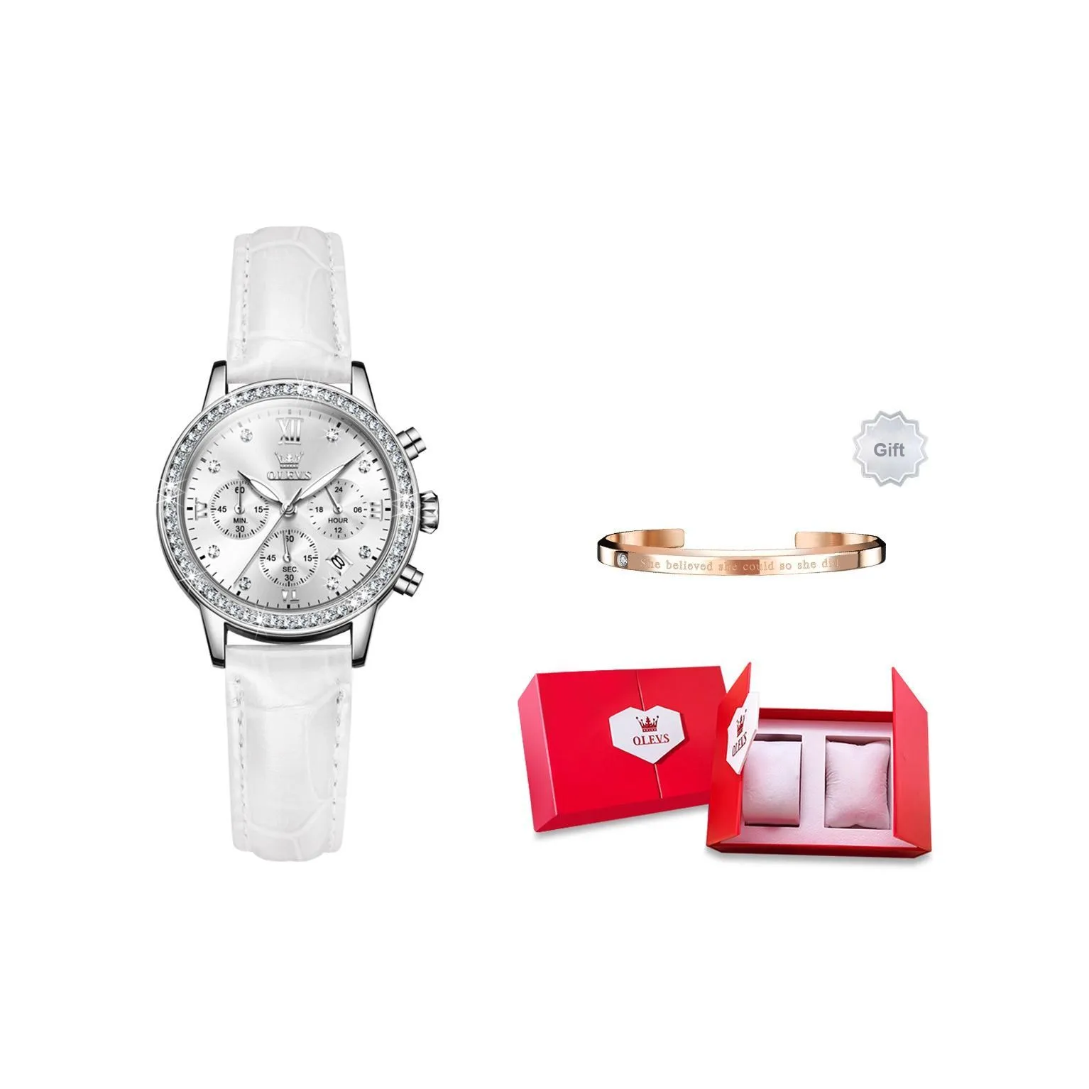 OLEVS Radiant Collection Кварцевый механизм ПУ (полиуретан) Ремешок Часы Женские Белый циферблат