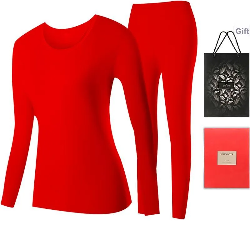 SEPTWOLVES Теплоизоляционный нижний комплект белья (топы + кальсоны) одежда, красный, 100% Хлопок, кожа, дружественный / 3A антибактериальный / кружевные отделки / круглый вырез / женские термокомплекты