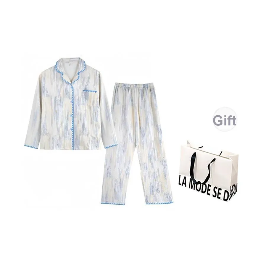 MEIJIAO Синий Edge Синий узор Одежда Sets [Письмо Сумка для покупок] Женские Пижамные комплекты