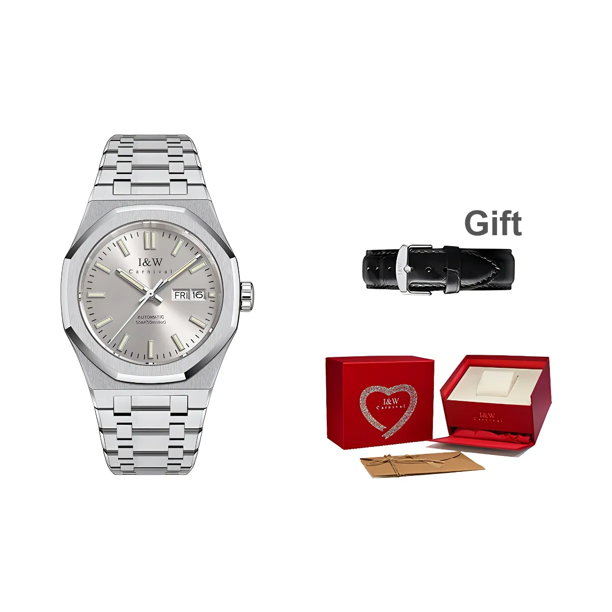 I W CARNIVAL HWGUOJI Механический механизм ремешок из нержавеющей стали мужские часы серый циферблат