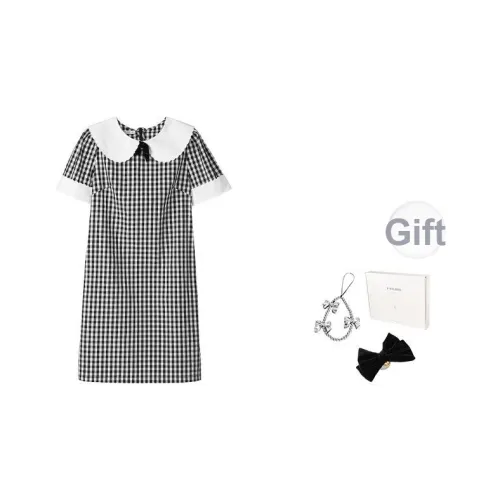 Fstudio Лето Miu Стиль Преппи Воротник Питера Пэна Клетчатый Цветовой блок Короткий Рукав Платье Женское