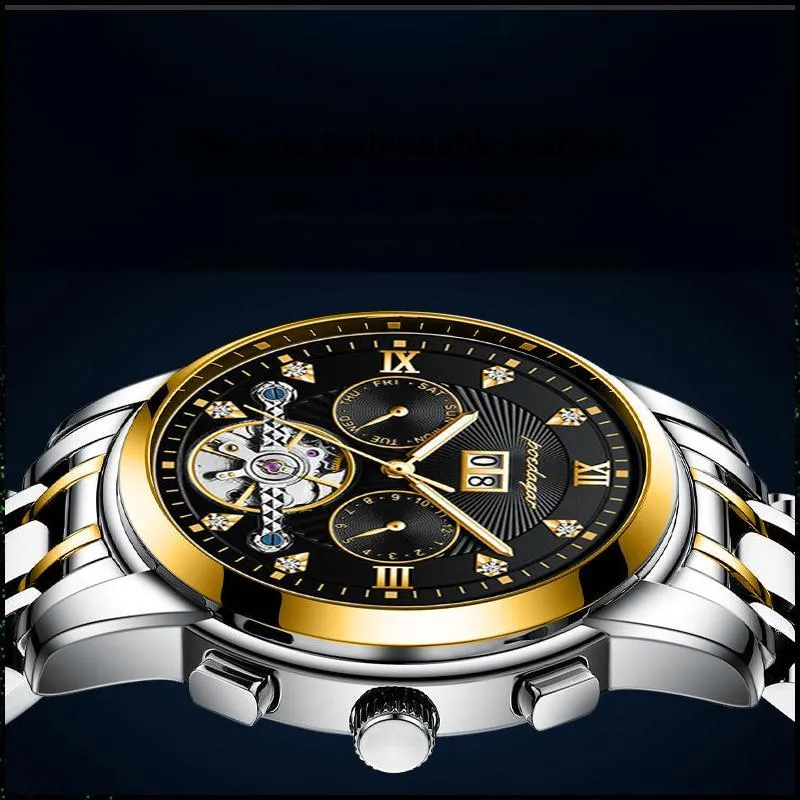 POEDAGAR Mechanical Movement Stainless Steel Watchband Men's Watches Black Dial-46
