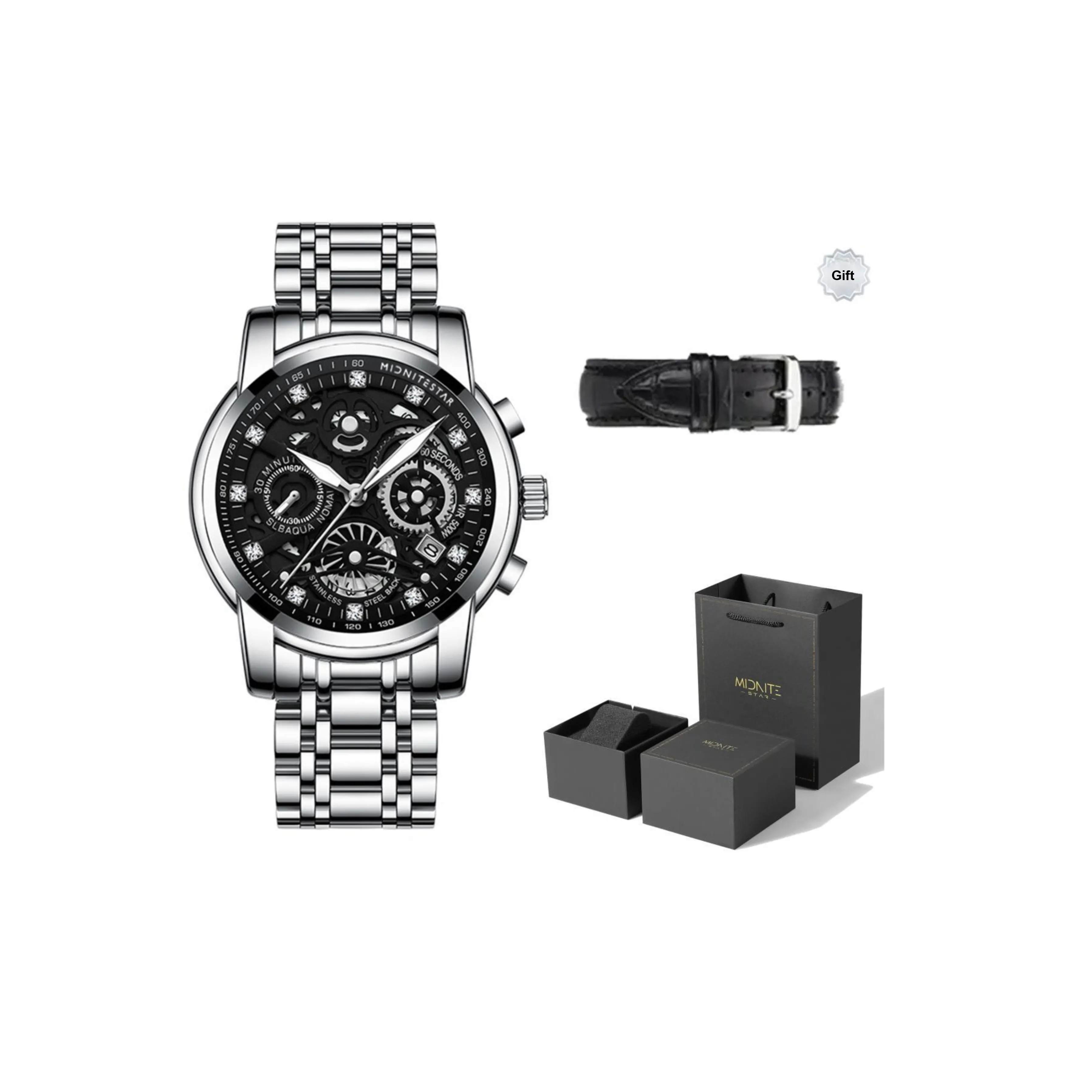 Midnite Star Кварцевый механизм ремешок из нержавеющей стали черный циферблат мужские часы