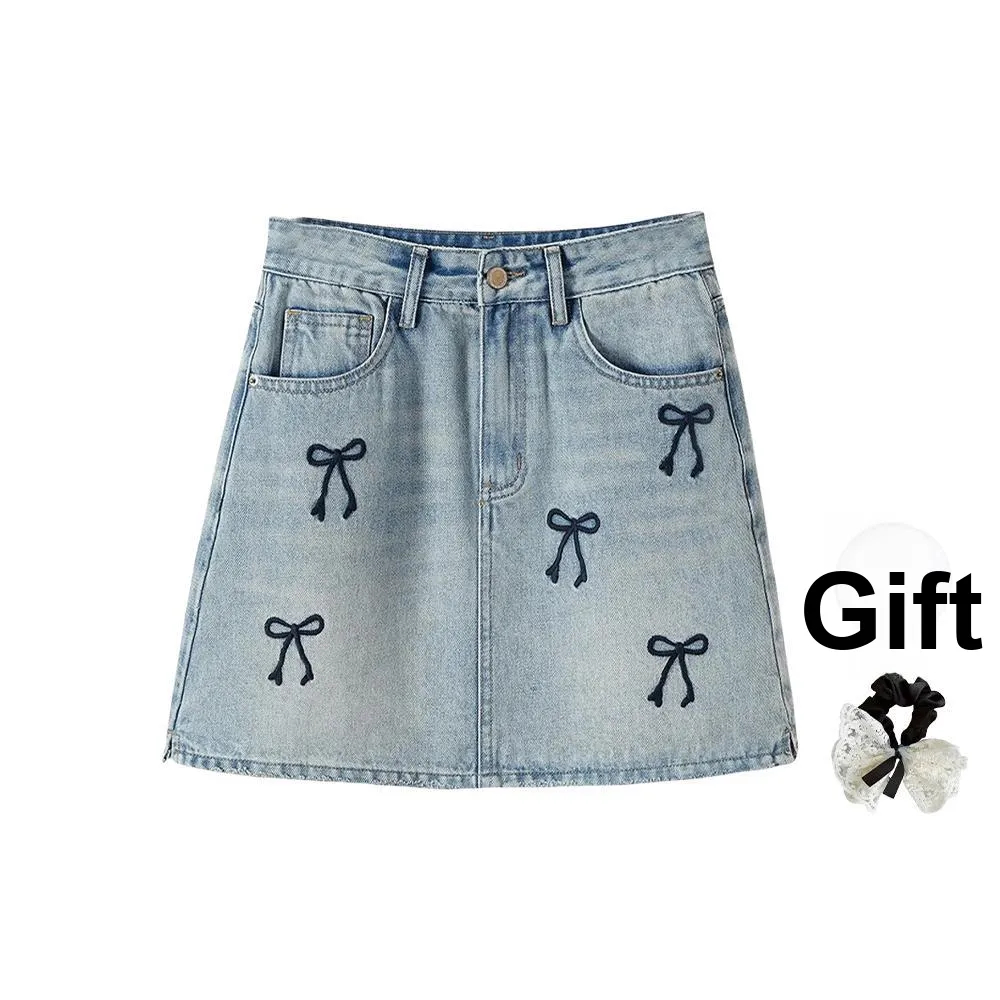 TUSHIFEI Denim Short Skirts Women's Blue+Hair Tie Comes With