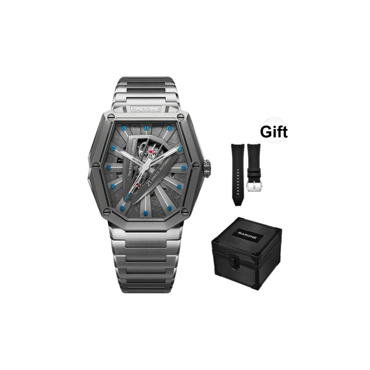 RARONE Knight Laser Knight Mechanical Movement Stainless Steel Watchband Watch Men's Watches Cut Out Dial