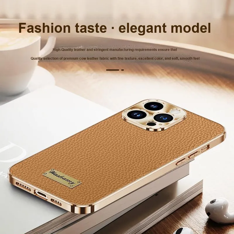 Record Star Leather Material Electroplated Cow Leather Phone Cases Compatibility With Apple 15 Pro Business Formal-3
