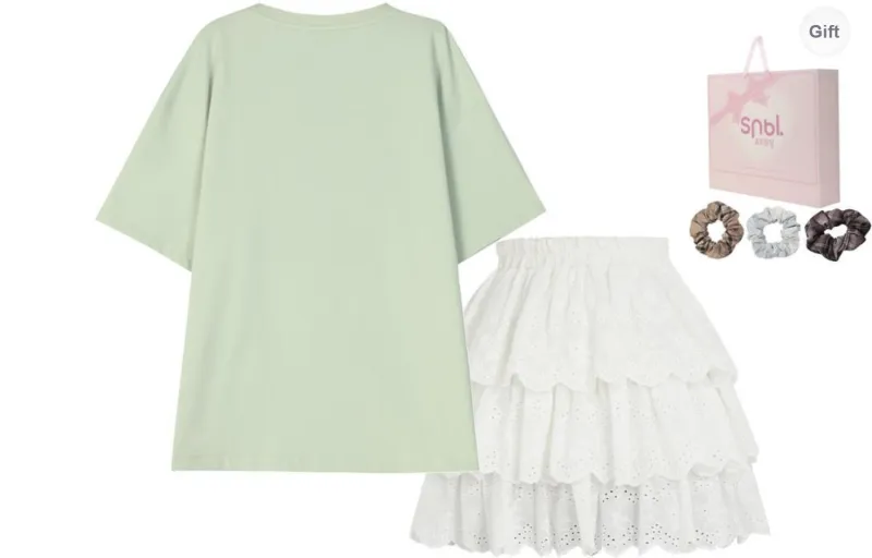 SNBL Skirt Set Women's Green T Shirt+White Skirt-1