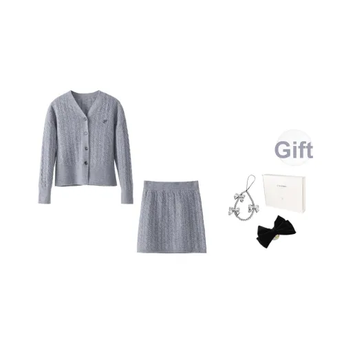 Fstudio Осень и зима Корейский стиль Минималистичный Длинный рукав V-образный вырез Трикотажная ткань Кардиган Чистая шерсть Комплект с юбкой Женские