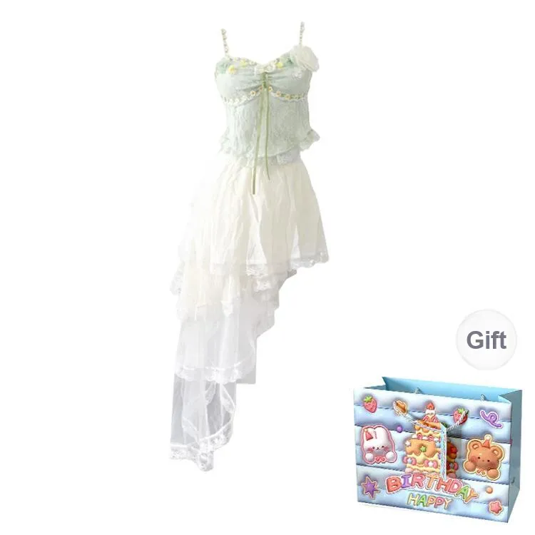 TWOPLUMGIRLS Two Piece Skirt Sets Women's Green+White-0