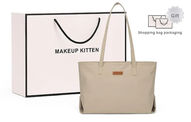 MAKEUP KITTEN Fabric Tote Bag Shopping Bag Handbag Large Size Unisex Khaki-1