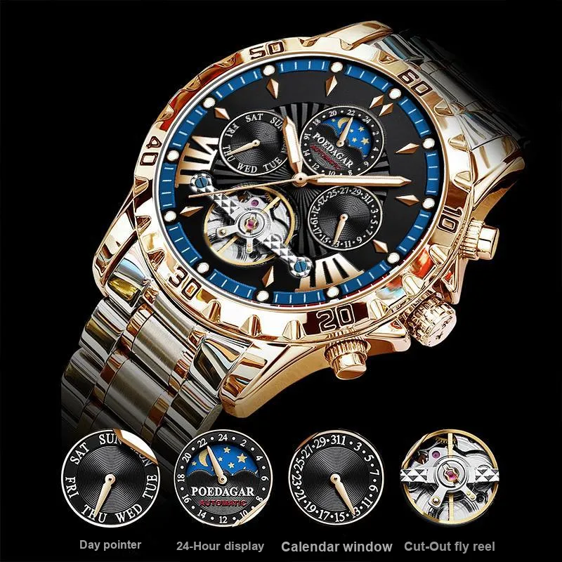 POEDAGAR Automatic Mechanical Movement Stainless Steel Watchband Watch Men's Watches Black Dial-20