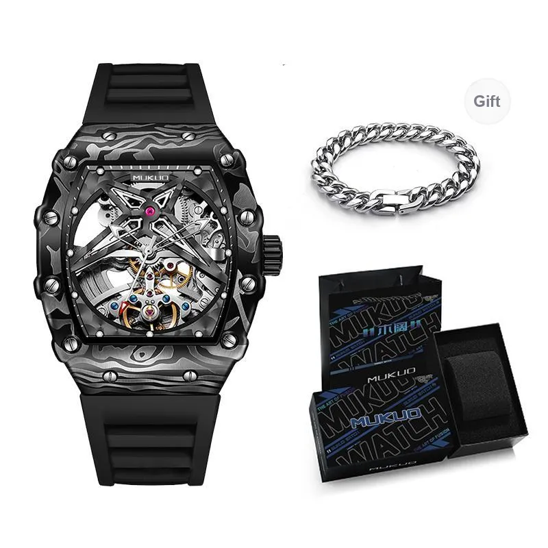 MUKUO Pioneer Collection Automatic Mechanical Movement Silicone Strap Watch Men's Watches Cut Out Dial-3