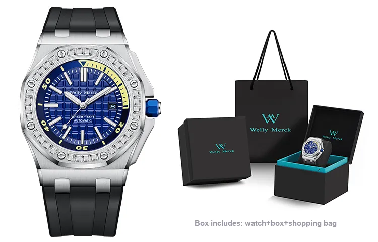Welly Merck Automatic Mechanical Movement Men's Watches Wrist Watches 42 Black Dial Rubber Strap Wm112m-13