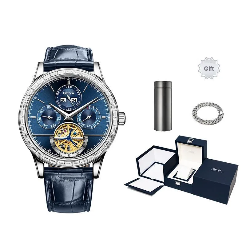 GEYA Conductor Mechanical Movement Cow Leather Strap Watch Men's Watches Blue Dial-0