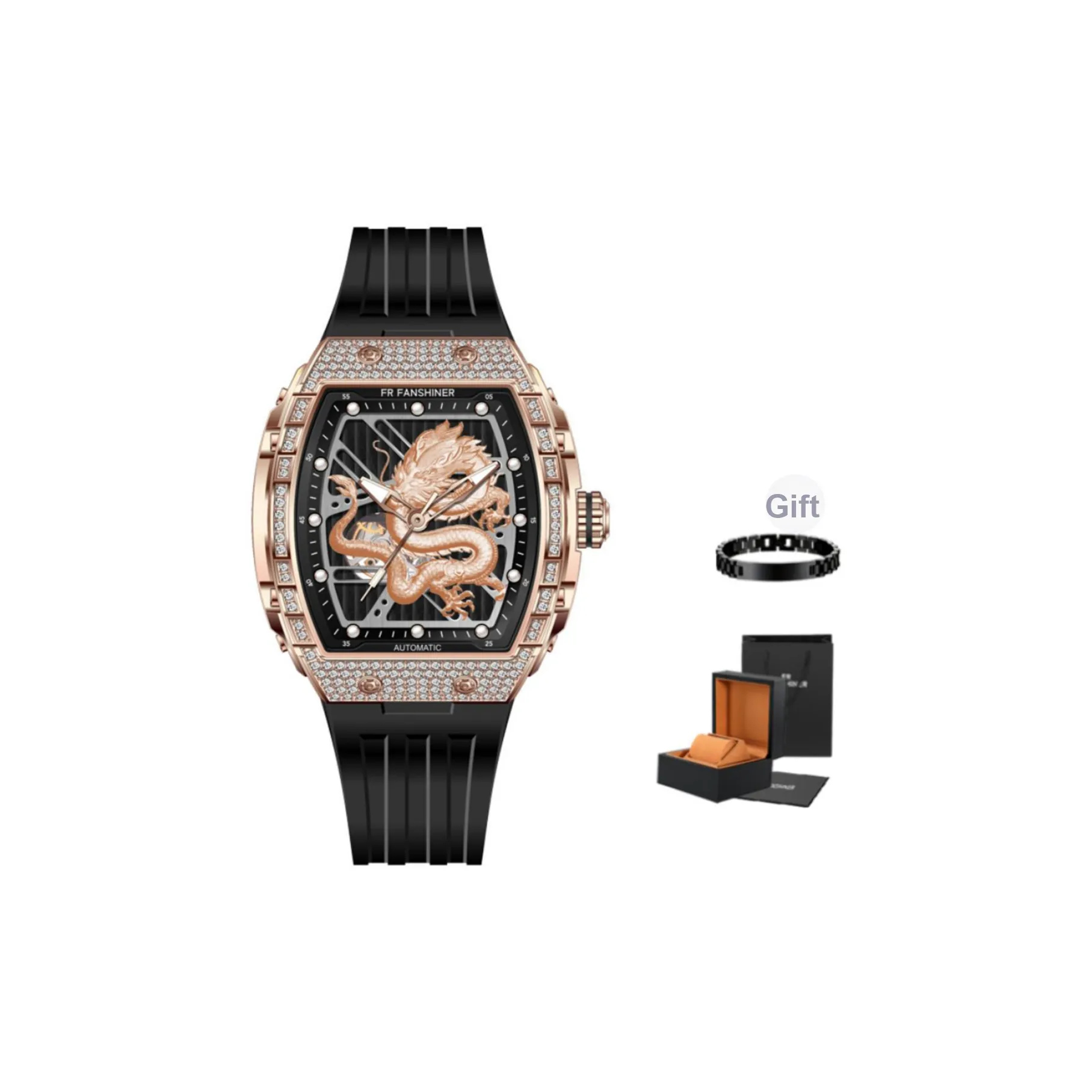 FR Автоматический Механический Механизм Силиконовый Ремешок Мужские Часы Черный Циферблат