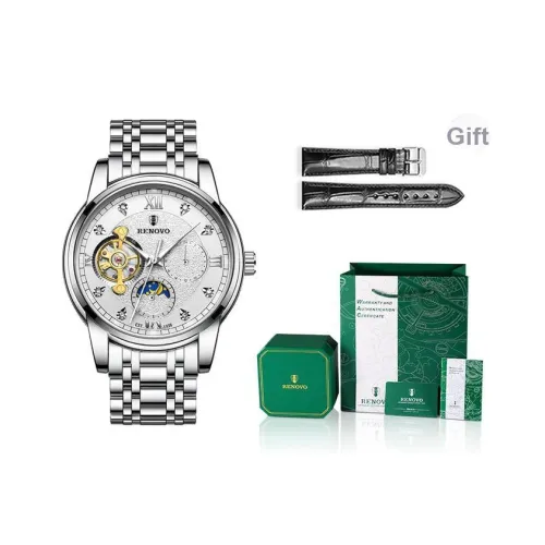 RENOVO Автоматический Механический Механизм Нержавеющая Сталь Ремешок Часы Мужские Белый Циферблат