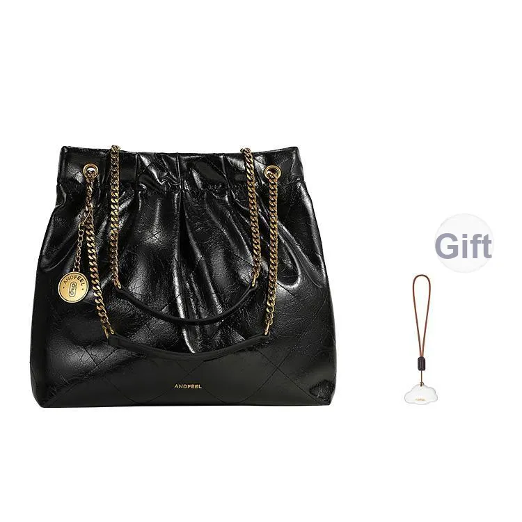 ANDFEEL Cow Leather Chain Tote Trash Bag, Shoulder Bag Tubas Women's Black