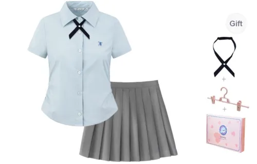 Tokyo Season Uniform Women's Blue Short Sleeved Shirt/Gray Pleated Skirt, Includes Small Accessories+Hanger