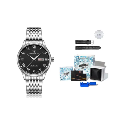 WSK Автоматический Механический Механизм Нержавеющая Сталь Ремешок Мужские Часы Черный Циферблат