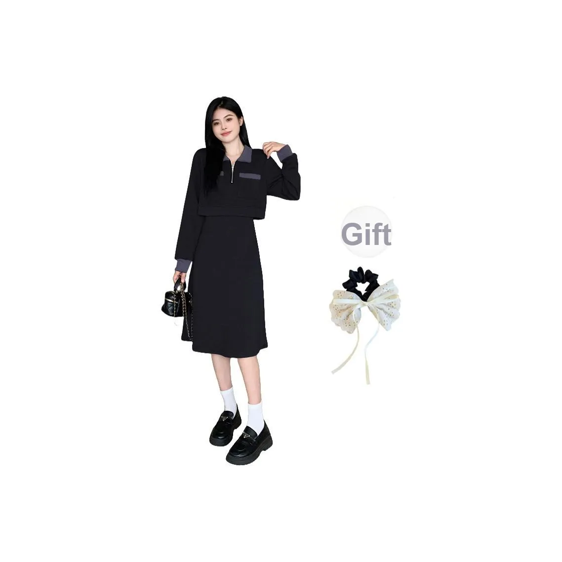 PAVEA Long Sleeved Dresses Women's Black+Bowknot Hair Tie Comes With