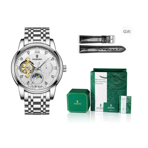 RENOVO Automatic Mechanical Movement Stainless Steel Watchband Watch Men's Watches White Dial