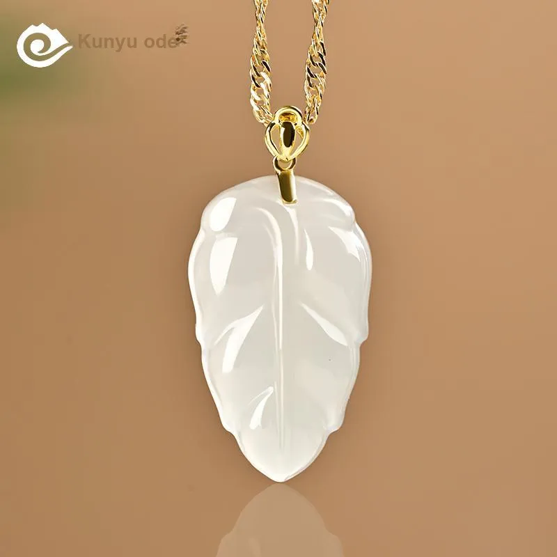 KUNYUYAO 18K Gold Inlaid Leaf Pendant Jade Pendant White Jade Unisex-9
