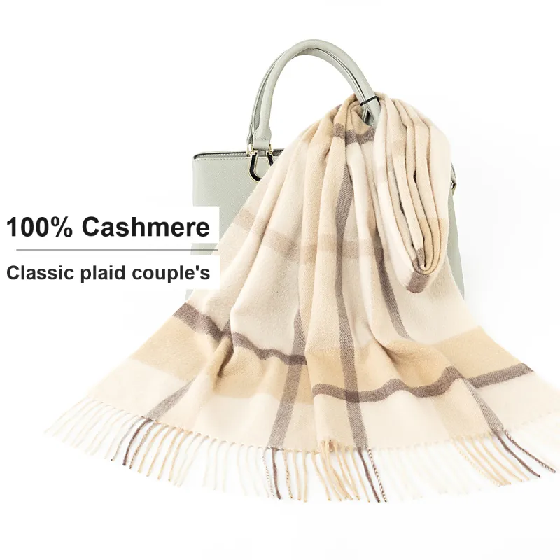 Shanghai Story 100% Cashmere Knit Scarves Unisex Beige And Orange Check Gift Box Set-49