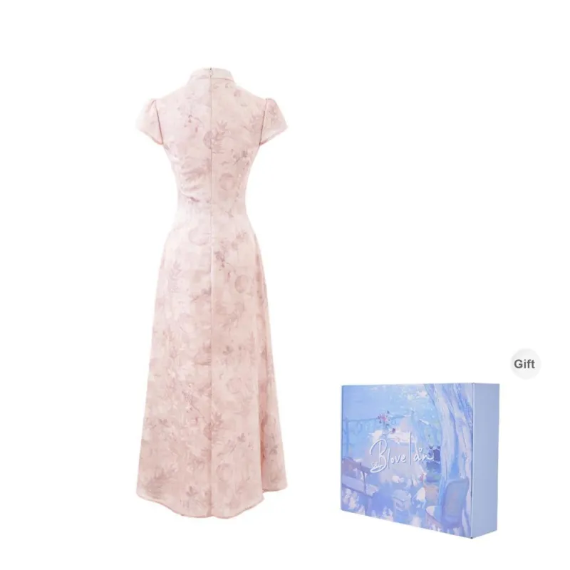 Blovelan New Chinese Style Cheongsam Women's Dusty Pink, Includes Gift Box Set-1