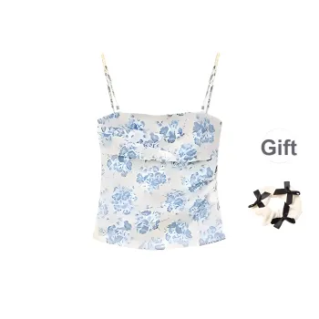 TURN UP Strapless Top Women's Blue Floral+Bowknot Hair Tie Comes With