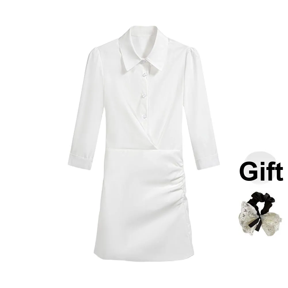 TUSHIFEI Short Sleeved Dress Women's White+Hair Tie Comes With
