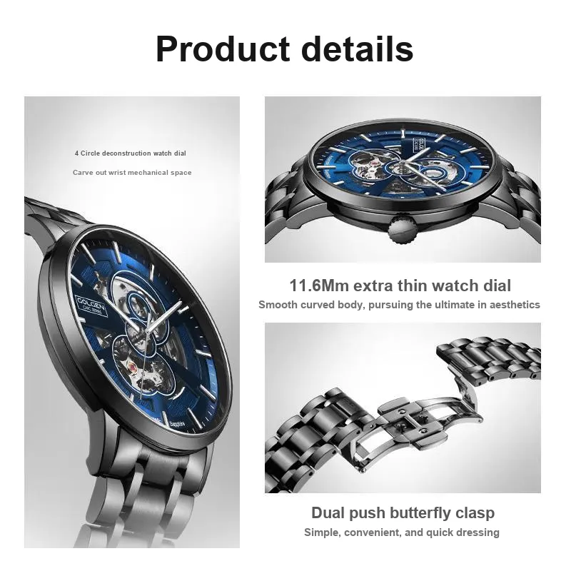 GOLGEN Mechanical Movement Stainless Steel Watchband Watch Men's Watches Cut Out Dial-16