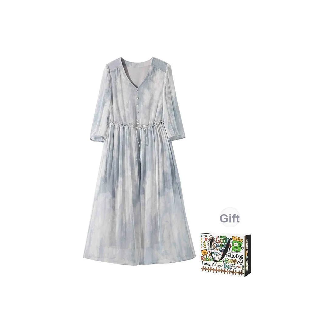 OURUOKE Long Sleeved Dresses Women's Blended Blue Shopping Bag Included