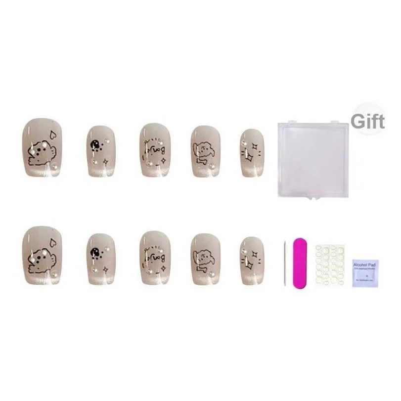 ORANOT Французский Щенок Универсальный Стиль Instagram Cartoon Cute Ручная Рисовка False Nail Короткий Лестница Телесный Смудж 16мм