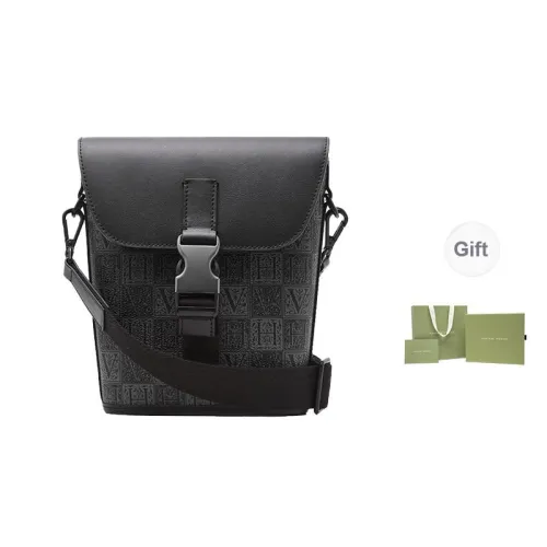 VANESSA HOGAN Monogram Cow Leather Bucket Bag Commute Shoulder Bag Crossbody Bag Medium Size Men's Black