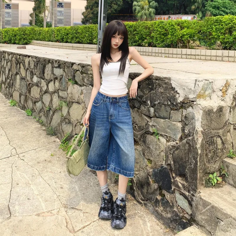 Rose Denim Shorts Women's Vintage Blue-5