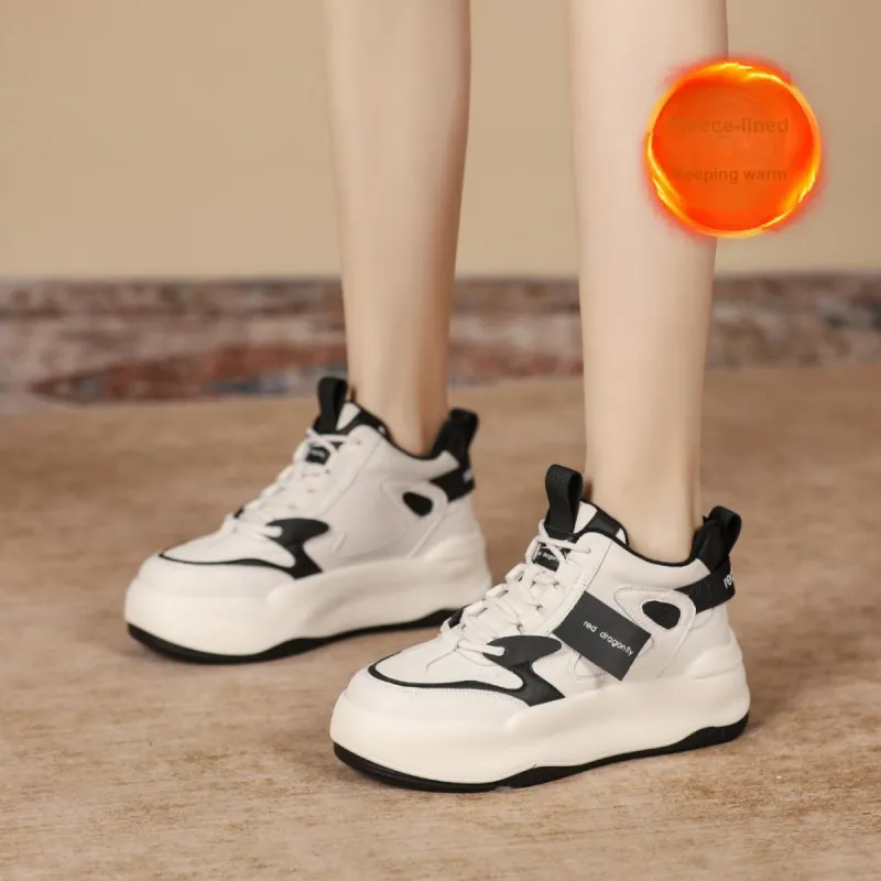 RED DRAGONFLY Platform Shoes Warm Height Increasing Mid-Top Casual Shoes Women's White Black White Brown-17