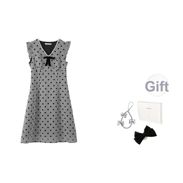 Fstudio Корейский стиль Ажурный В-образный вырез Бант А-линия Без рукавов Платье Женское